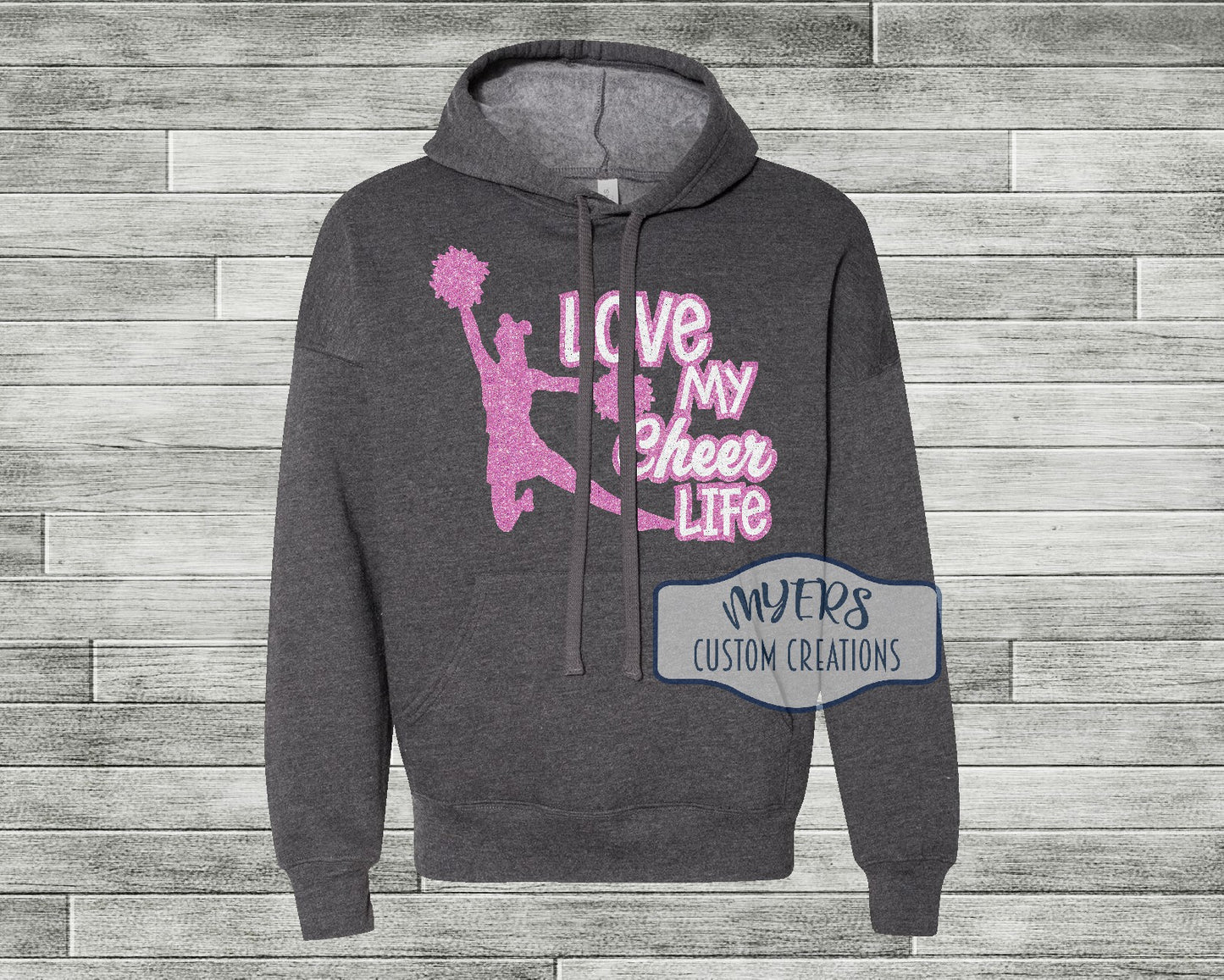 Love My Cheer Life heather dark grey Bella Canvas hoodie with flamingo pink glitter and white glitter HTV