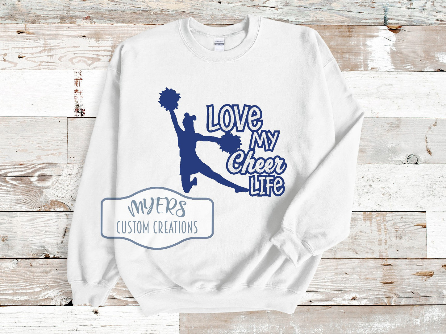 Love My Cheer Life white Gildan sweatshirt with royal blue and white glitter HTV