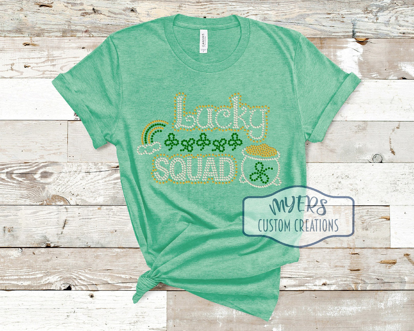 Lucky Squad Rhinestone heather kelly Bella Canvas t-shirt with light topaz, emerald, and crystal rhinestones