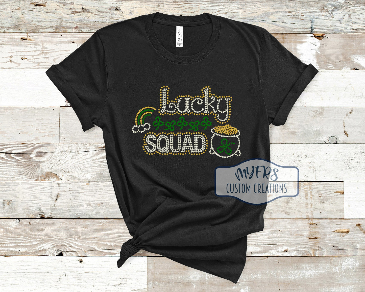 Lucky Squad Rhinestone black Bella Canvas t-shirt with light topaz, emerald, and crystal rhinestones