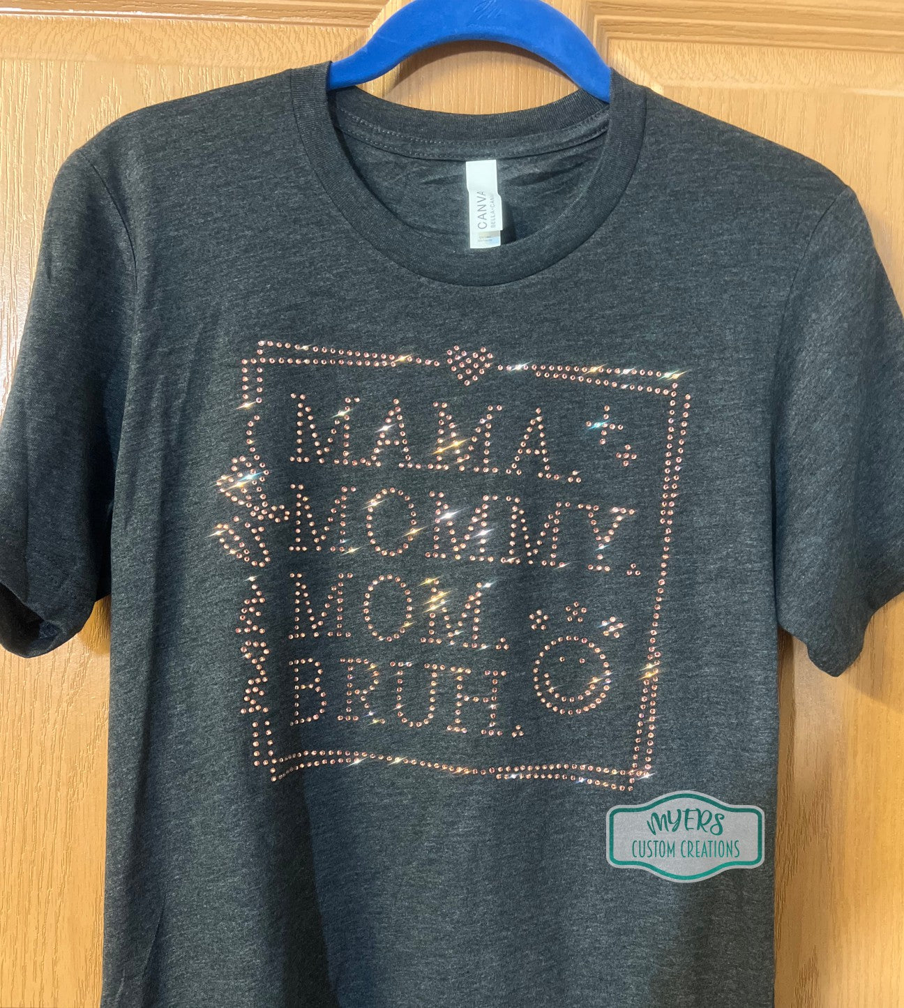 Mama Mommy Mom Bruh Heather Dark Grey Bella Canvas t-shirt with Rose Gold rhinestones