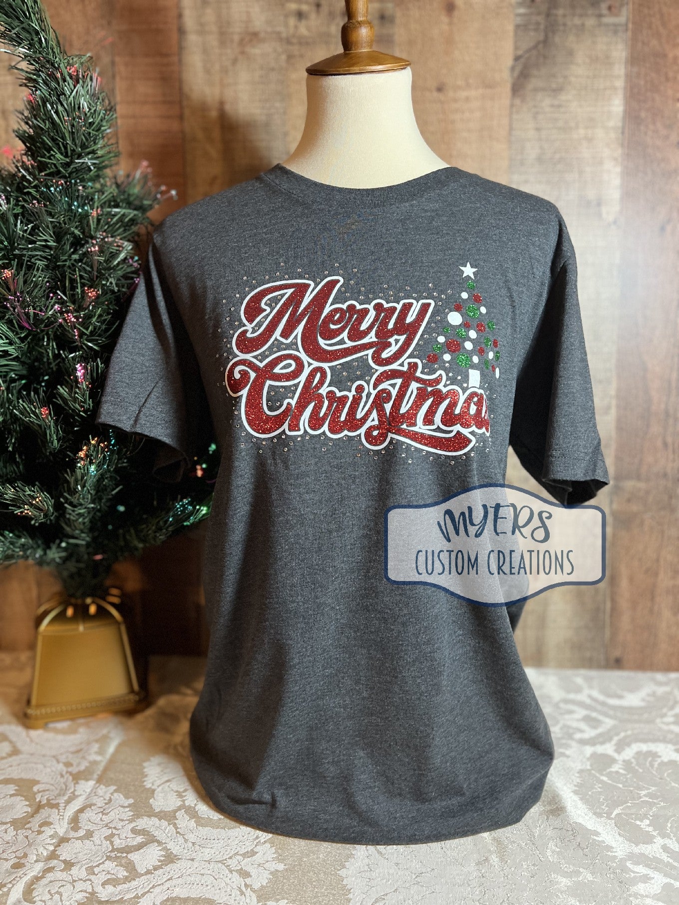 Merry Christmas Tree Rhinestone heather dark grey t-shirt with white glitter, green glitter, & red glitter HTV and crystal rhinestones