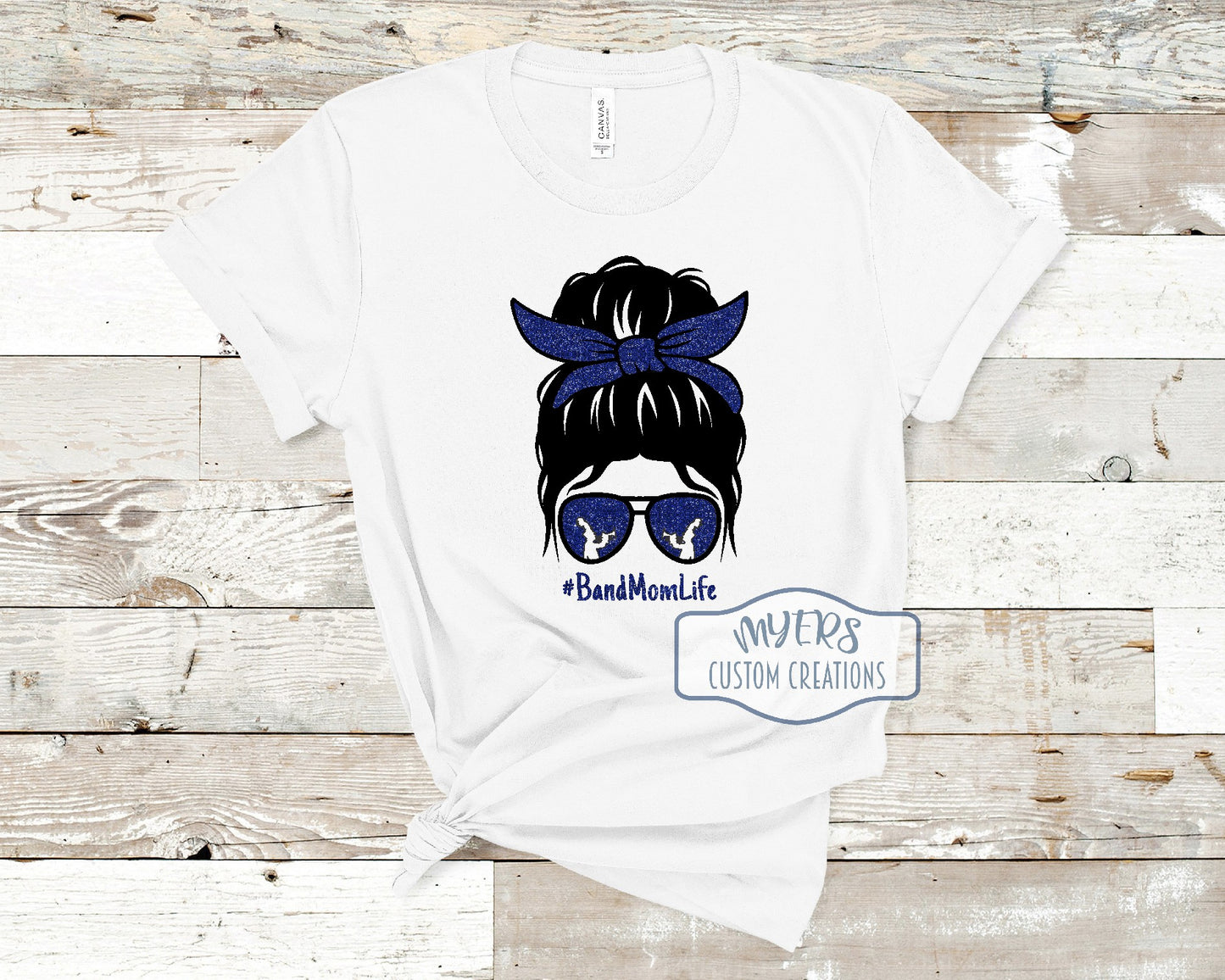 Messy Bun Band Mom Life white Bella Canvas t-shirt with black and royal blue glitter HTV