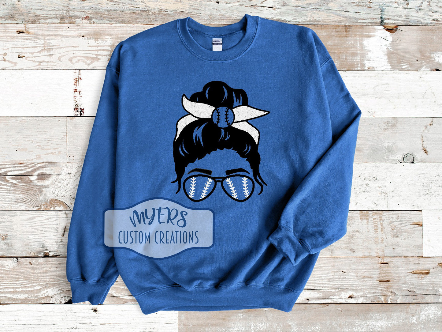 Messy Bun Baseball/Softball royal blue Gildan sweatshirt with black and white blue glitter HTV