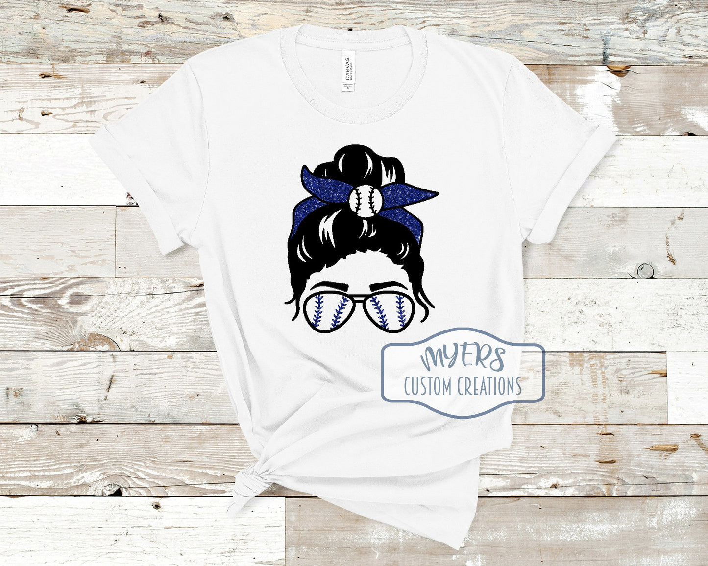 Messy Bun Baseball/Softball white shirt with black and royal blue glitter HTV
