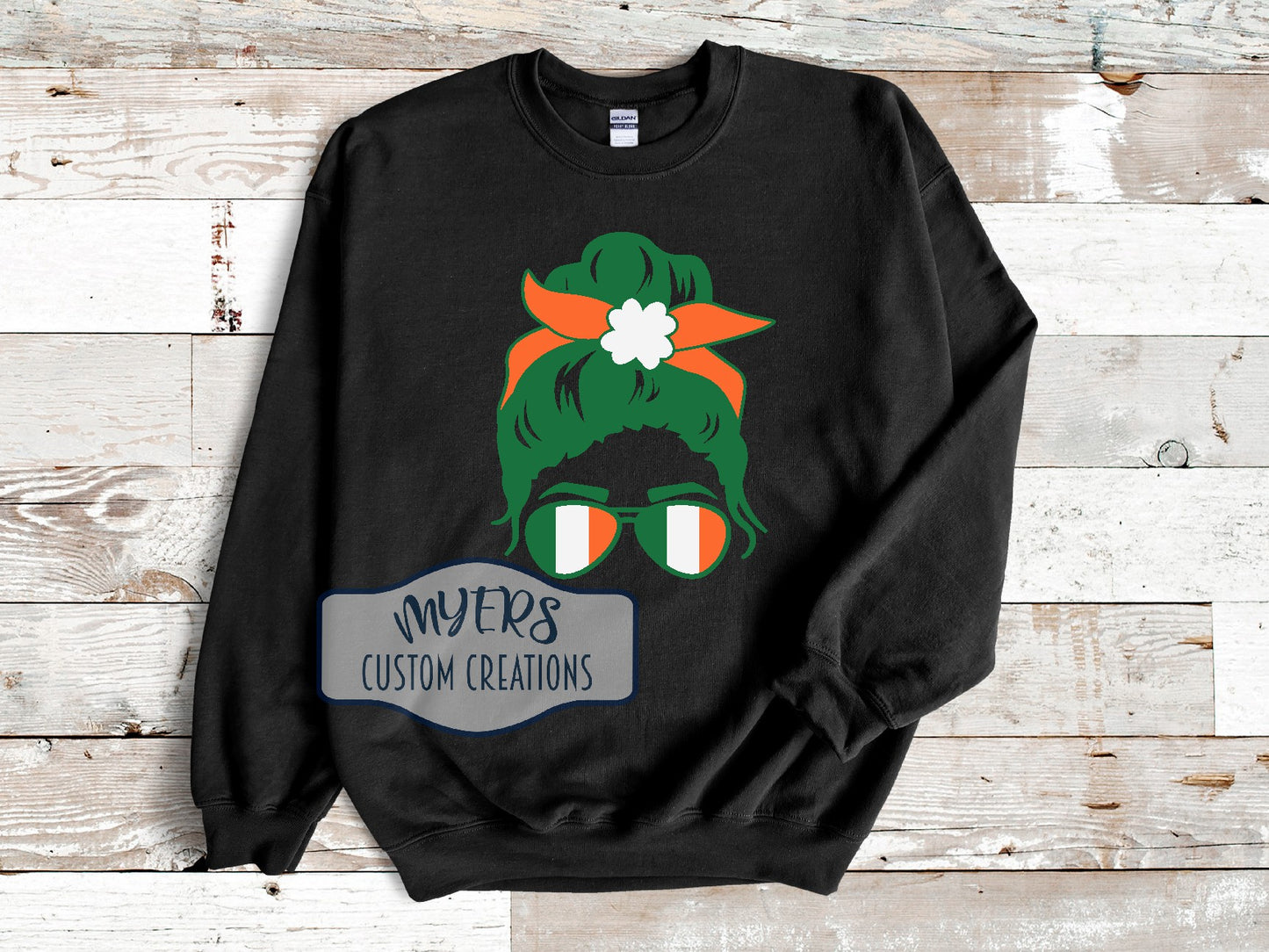 Messy Bun St. Patricks Day black Gildan sweatshirt with white, orange, and green HTV