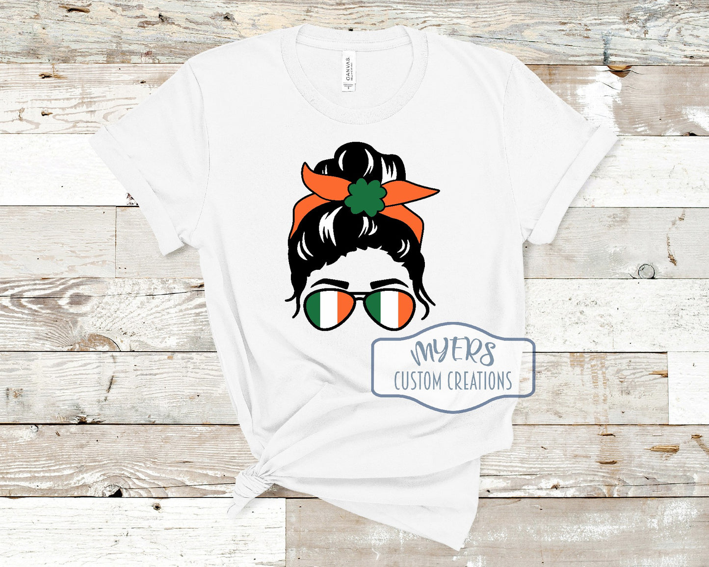Messy Bun St. Patricks Day white Bella Canvas t-shirt with black, orange, and green HTV