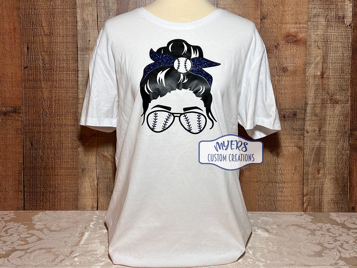Messy Bun Baseball Mom white t-shirt with black and royal blue glitter HTV
