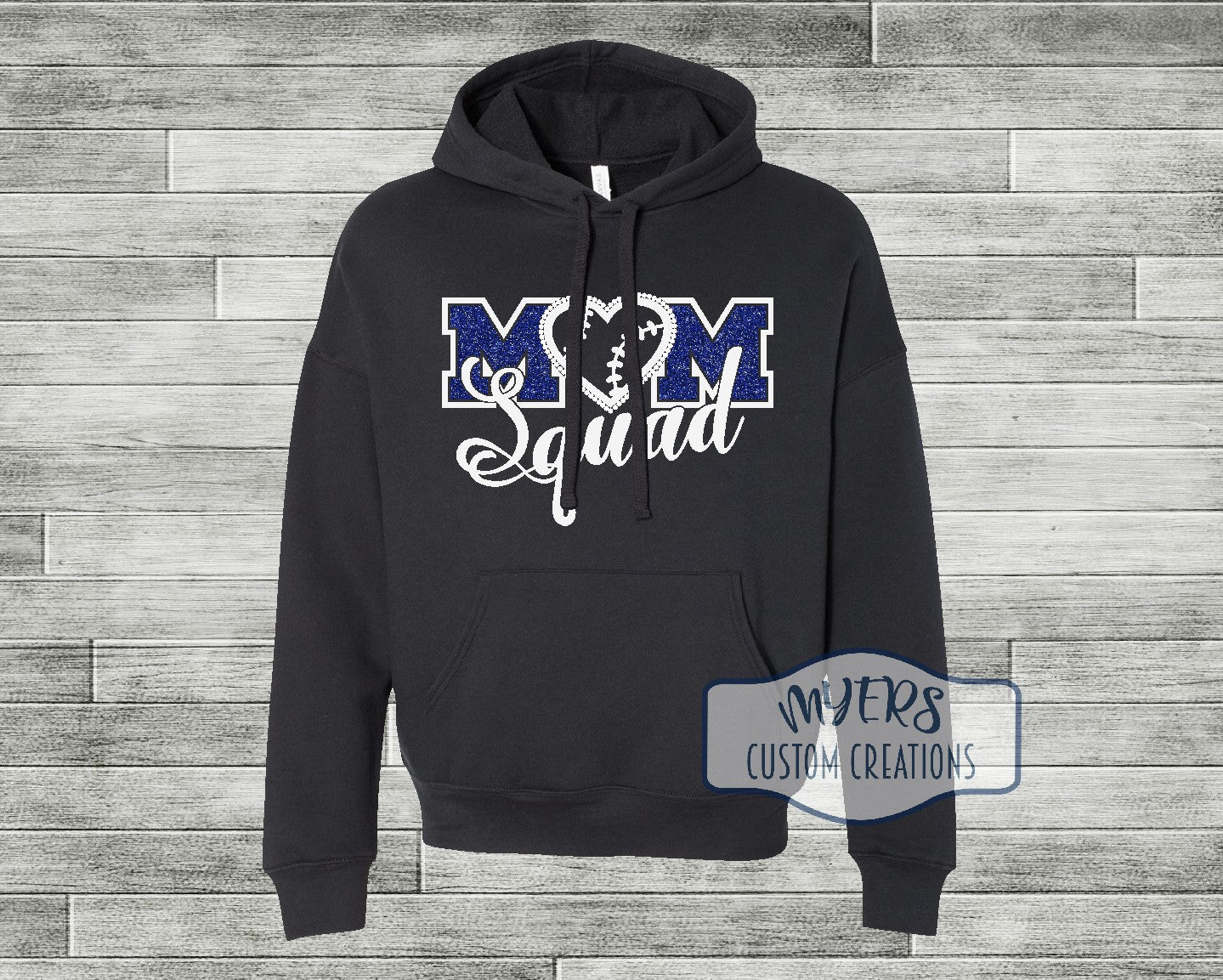 Mom Squad rhinestone & vinyl black Bella Canvas hoodie with white and royal blue glitter HTV and crystal rhinestones