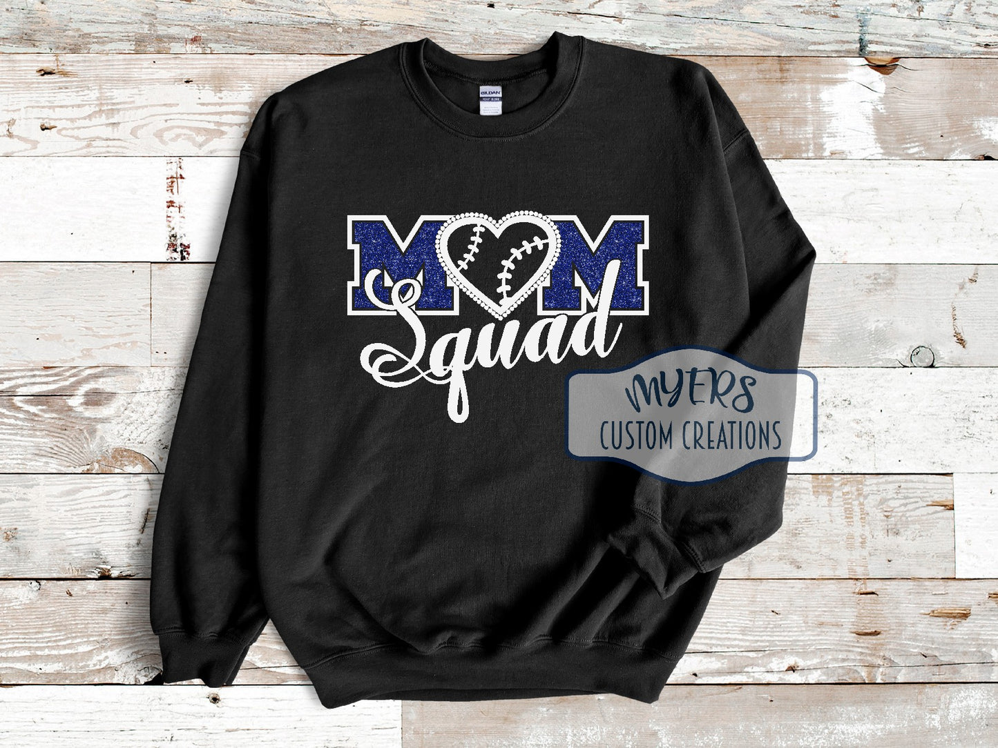 Mom Squad rhinestone & vinyl black Gildan sweatshirt with white and royal blue glitter HTV and crystal rhinestones