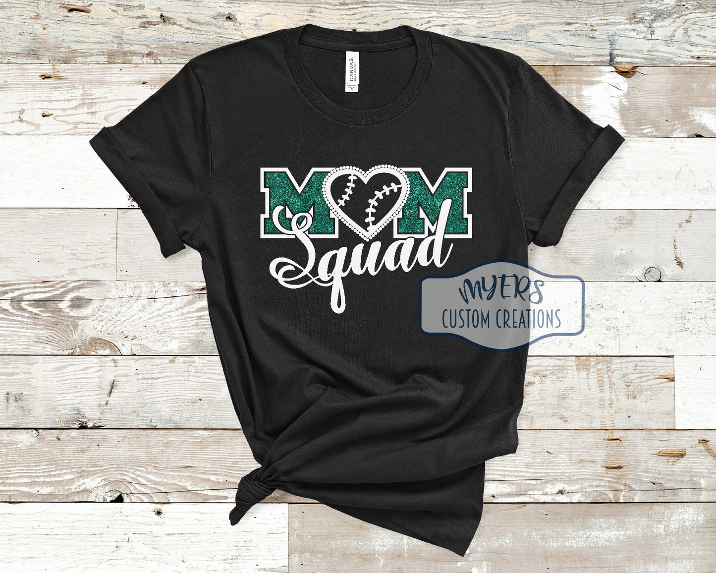 Mom Squad rhinestone & vinyl black Bella Canvas t-shirt with white and emerald glitter HTV and crystal rhinestones