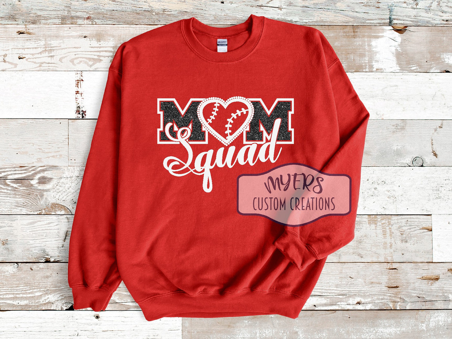 Mom Squad rhinestone & vinyl red Gildan sweatshirt with white and black glitter HTV and crystal rhinestones