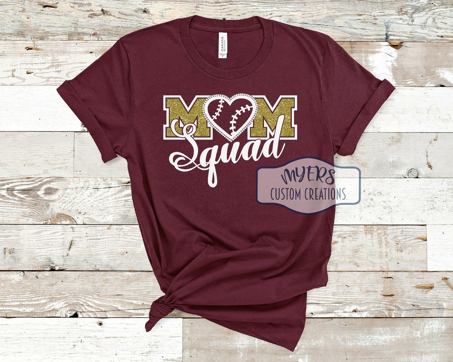 Mom Squad rhinestone & vinyl maroon Bella Canvas t-shirt with white and gold glitter HTV and crystal rhinestones