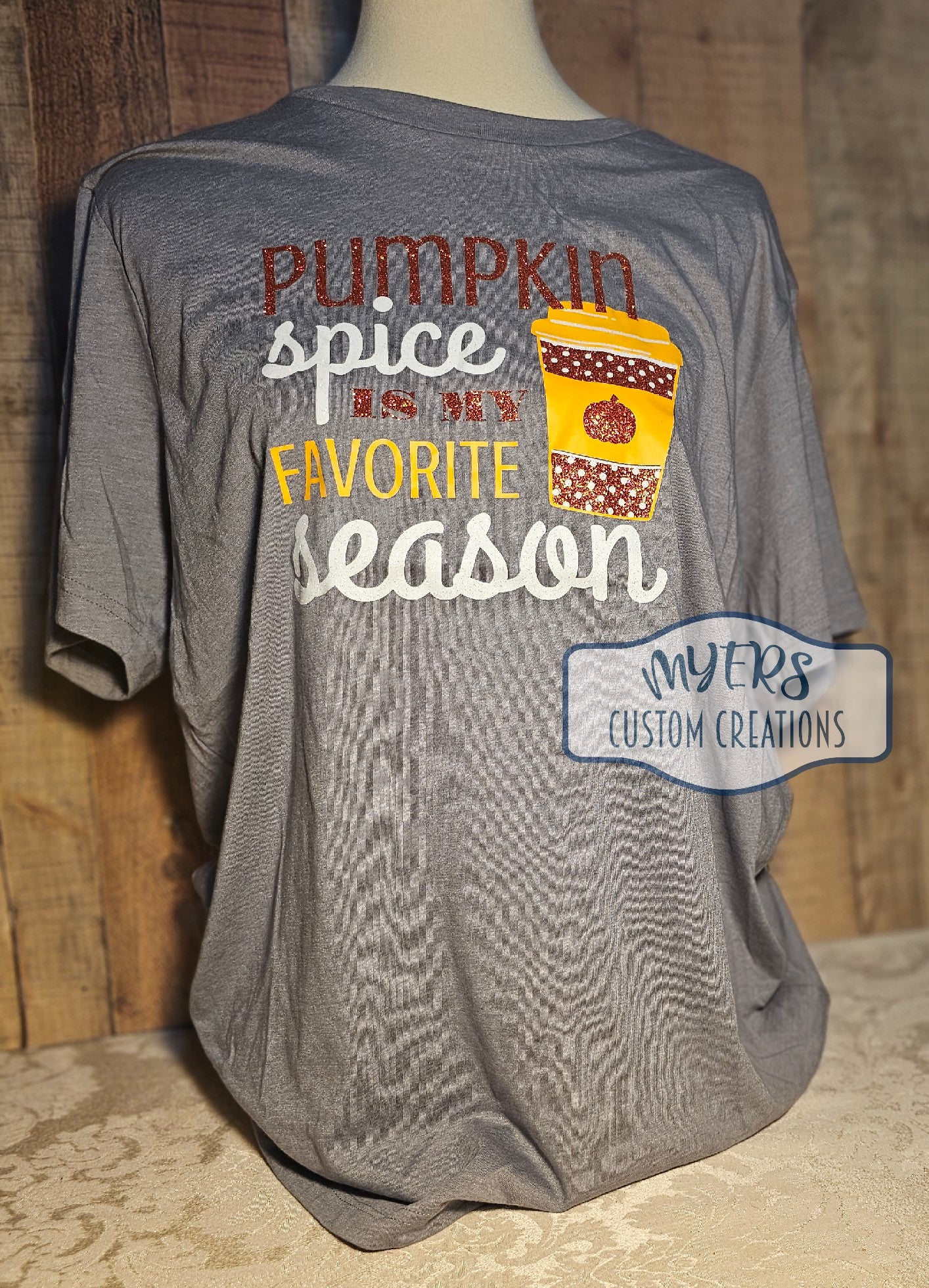 Pumpkin Spice is My Favorite Season Heather Storm Bella_Canvas t-shirt with white glitter, copper glitter, and sun HTV