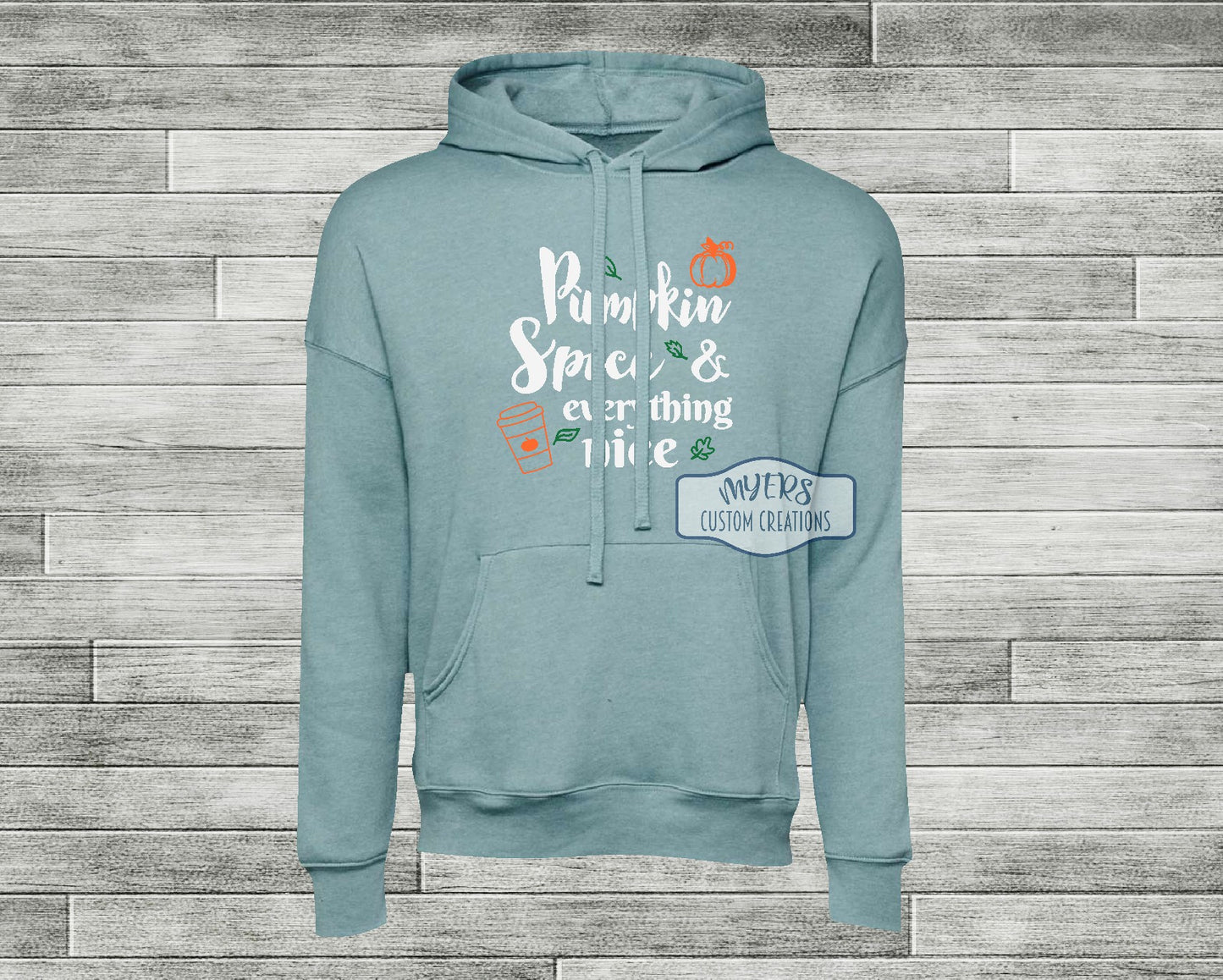 Pumpkin Spice & Everything Nice Heather Blue Lagoon Bella+Canvas hoodiewith white glitter, orange glitter, and green glitter HTV