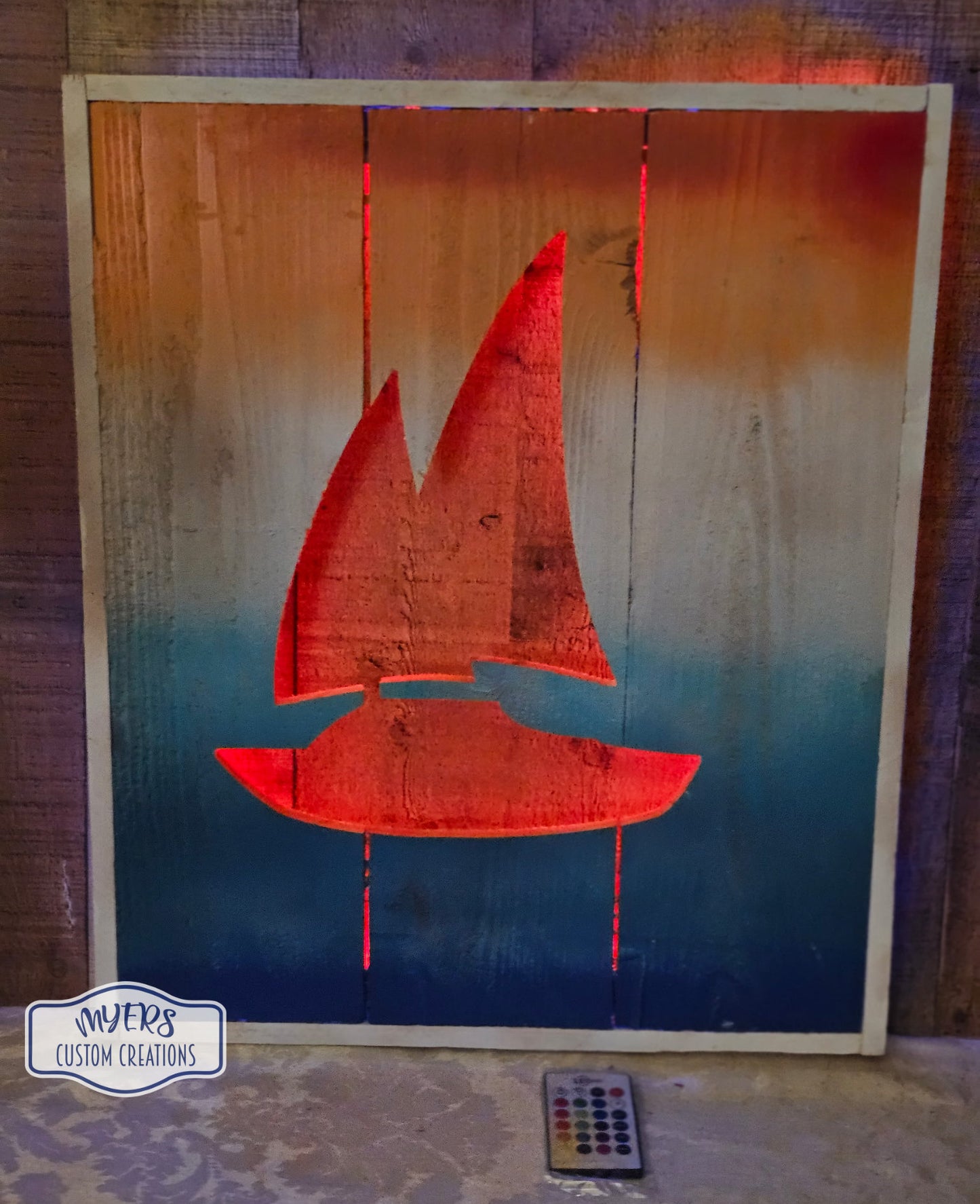 Light up Sailboat Silhouette Wall Decor with Red Light