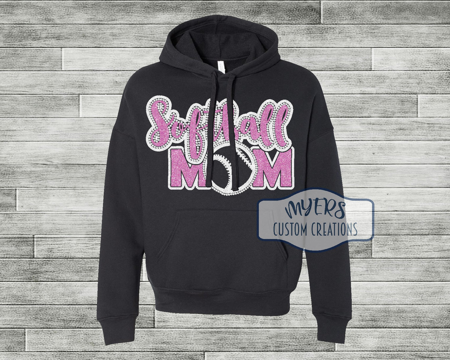 Softball Mom Rhinestone & Vinyl black Bella Canvas Hoodie with white and flamingo pink glitter HTV and crystal rhinestones