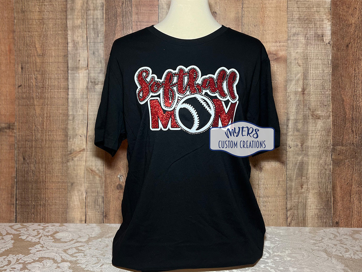 Softball Mom Multi-Dec black t-shirt with white and red glitter HTV and crystal rhinestones