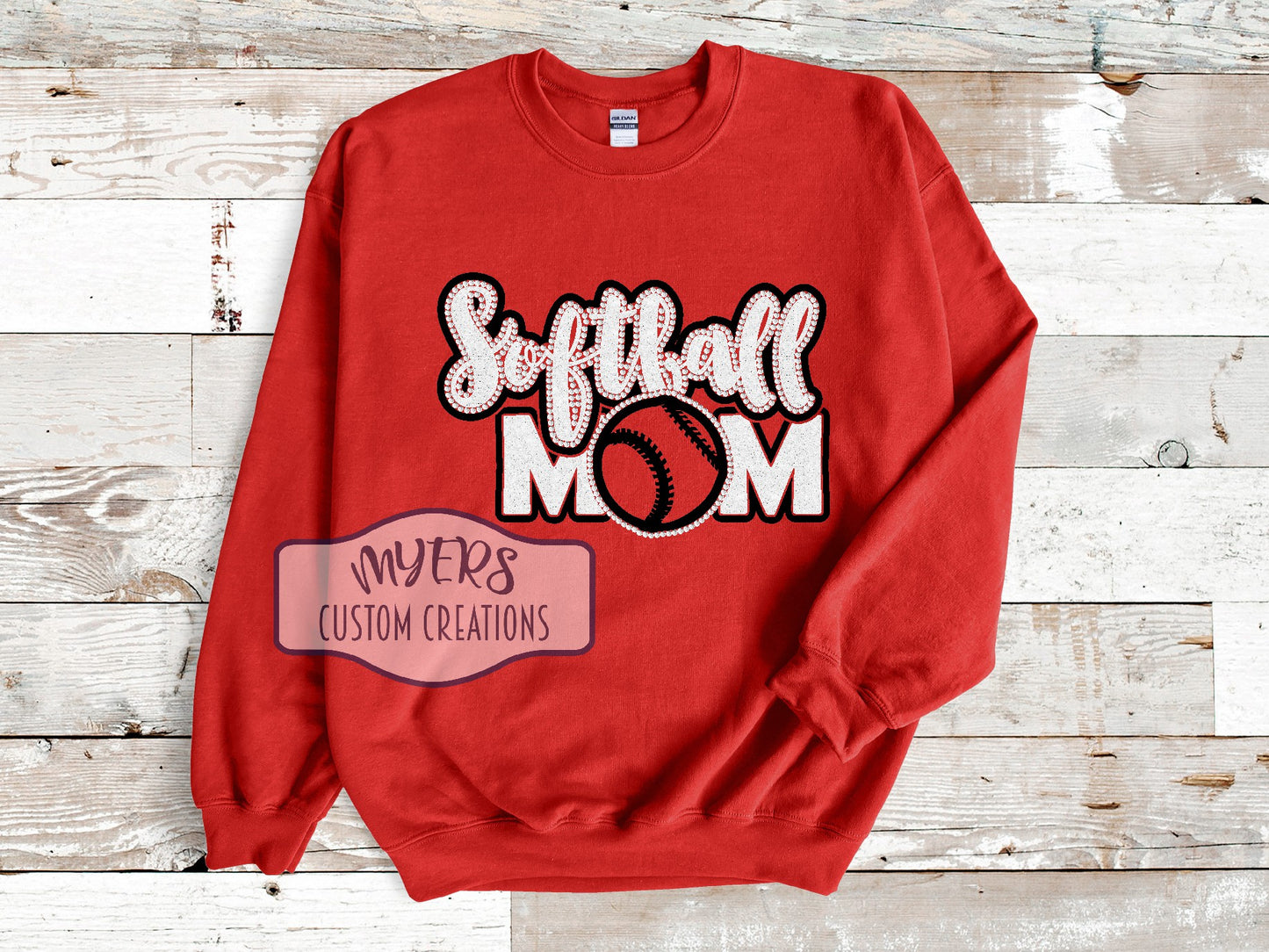 Softball Mom Rhinestone & Vinyl red Gildan sweatshirt with black and white glitter HTV and crystal rhinestones