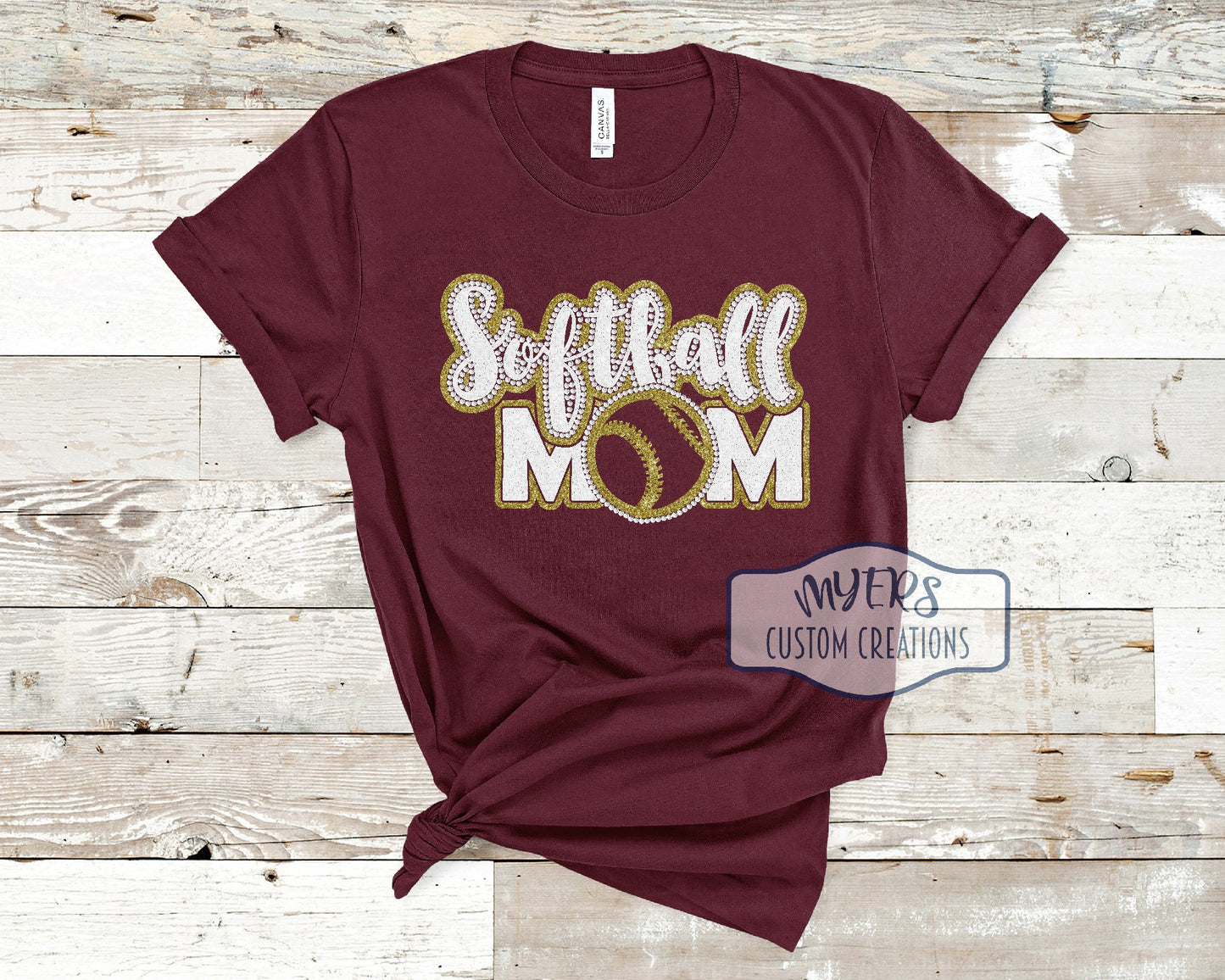 Softball Mom Rhinestone & Vinyl maroon Bella Canvas t-shirt with gold glitter and white glitter HTV and crystal rhinestones