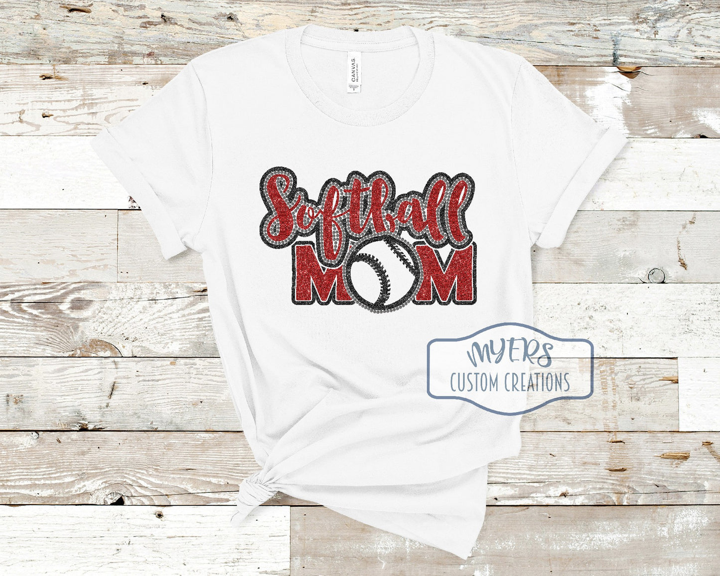 Softball Mom Rhinestone & Vinyl white Bella Canvas t-shirt with black glitter and red glitter HTV and black diamond rhinestones