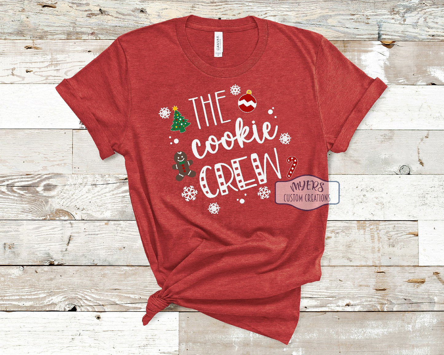 The Cookie Crew heather red Bella+Canvas t-shirt with white, green, yellow, red, & chocolate HTV