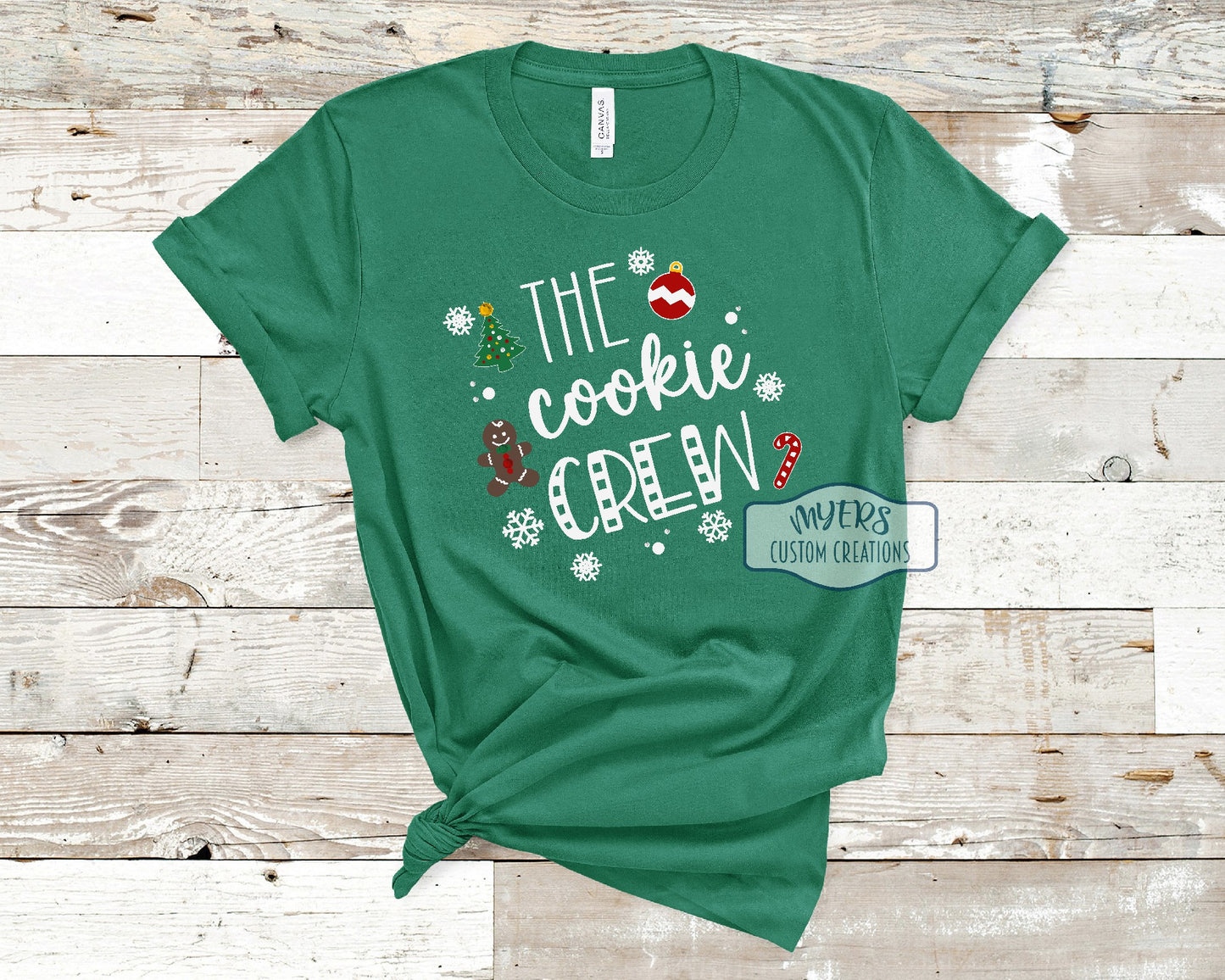 The Cookie Crew Kelly green Bella+Canvas t-shirt with white, green, yellow, red, & chocolate HTV