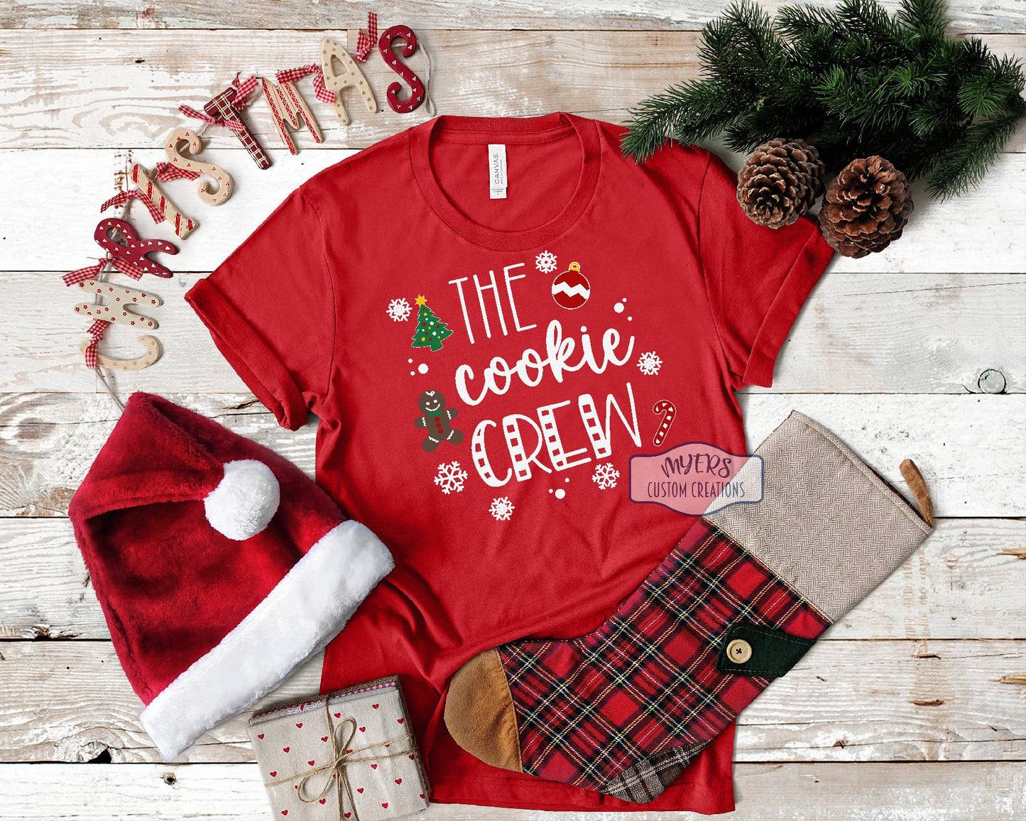 The Cookie Crew red Bella+Canvas t-shirt with white, green, yellow, red, & chocolate HTV