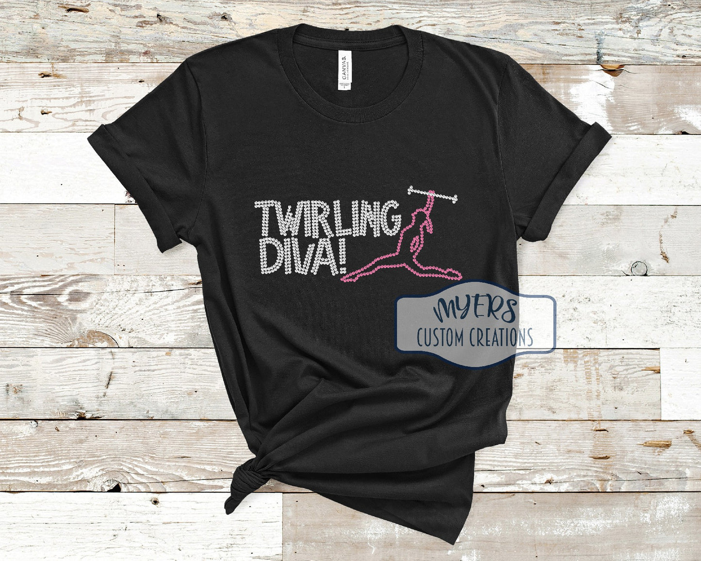 Twirling Diva Rhinestone black Bella Canvas t-shirt with crystal and pink rhinestones