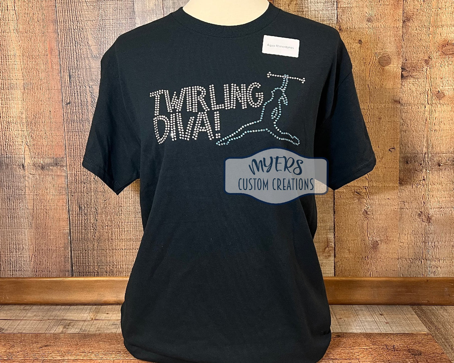 Twirling Diva Adult Medium Gildan t-shirt with Crystal & Aqua Rhinestones