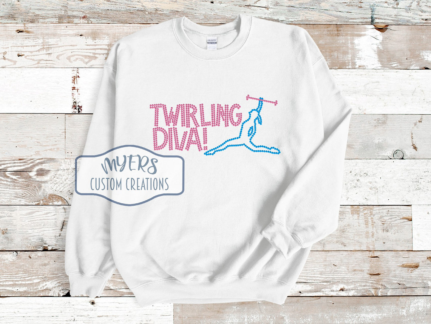 Twirling Diva Rhinestone white Gildan sweatshirt with pink and blue rhinestones