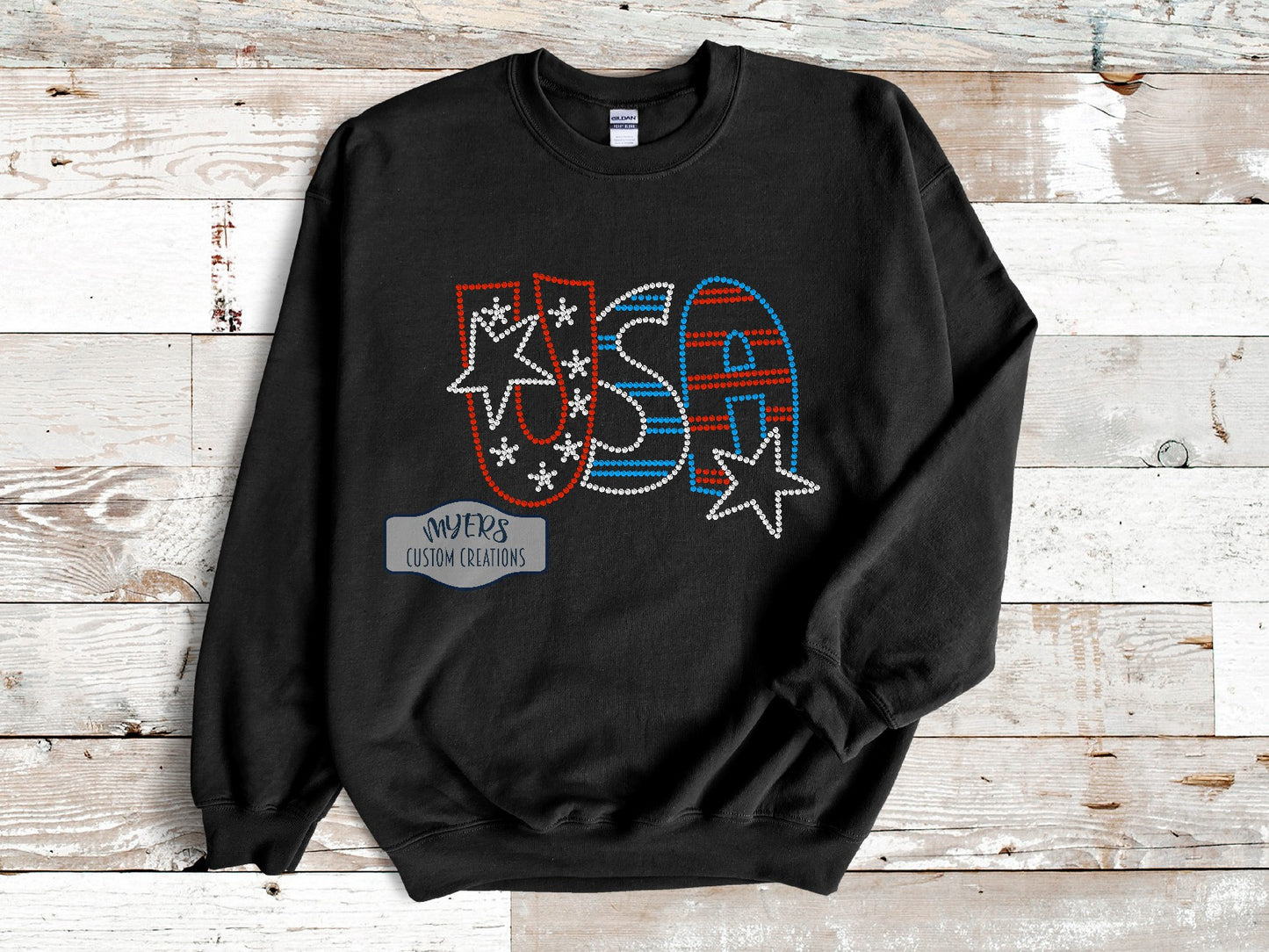 USA Rhinestone black Gildan sweatshirt with red siam, crystal, and blue rhinestones