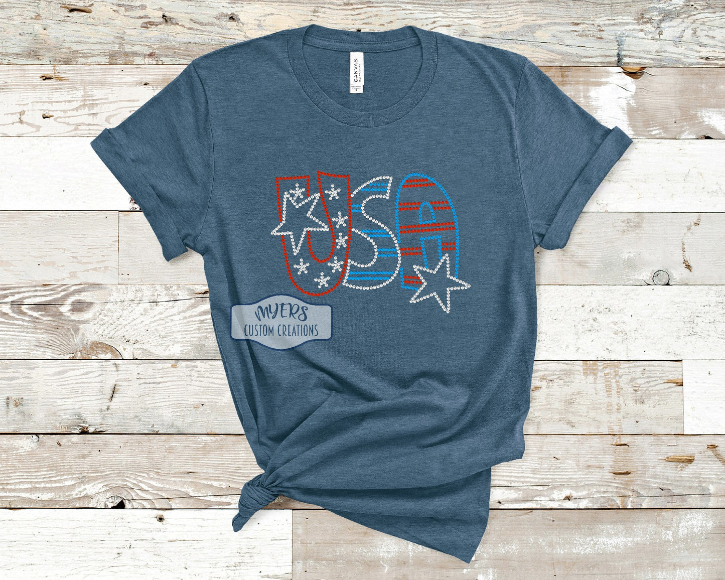 USA Rhinestone heather deep teal Bella+Canvas t-shirt with red siam, crystal, and blue rhinestones