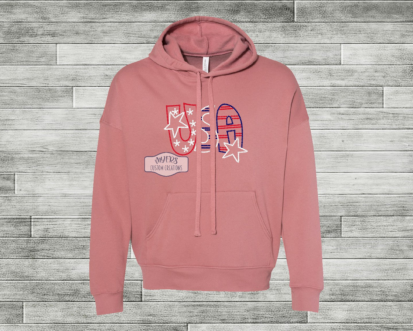 USA Rhinestone mauve Bella+Canvas hoodie with strawberry, crystal, and cobalt rhinestones