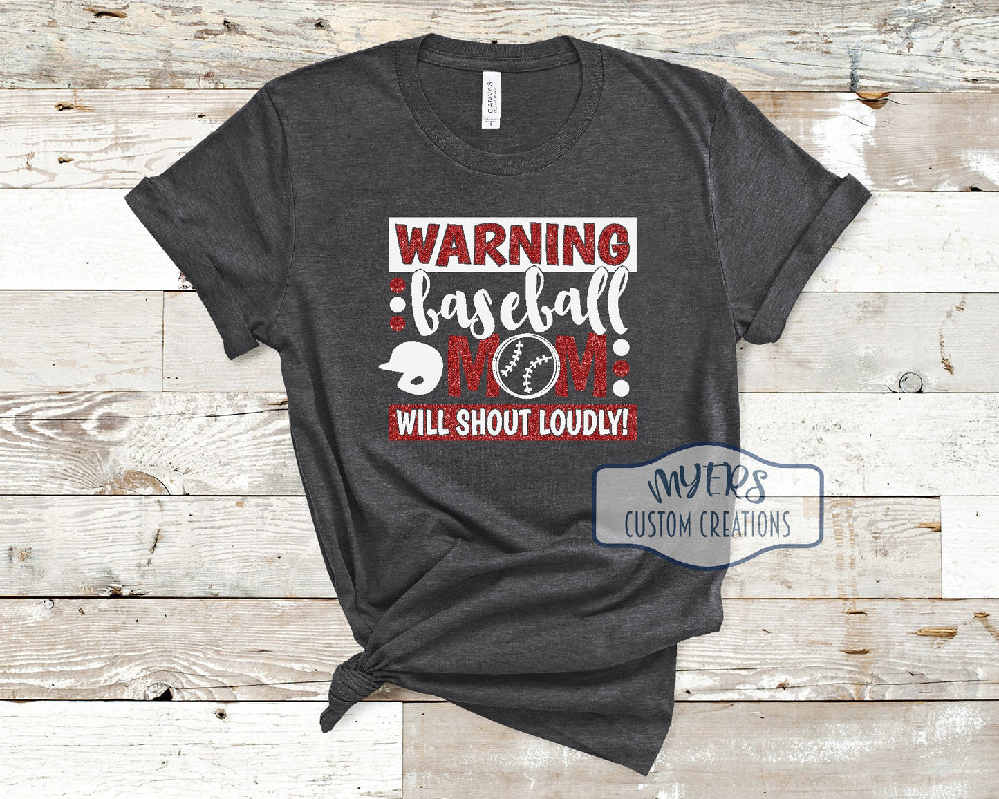 Warning Baseball Mom Will Shout Loudly heather dark grey t-shirt with white and red glitter HTV