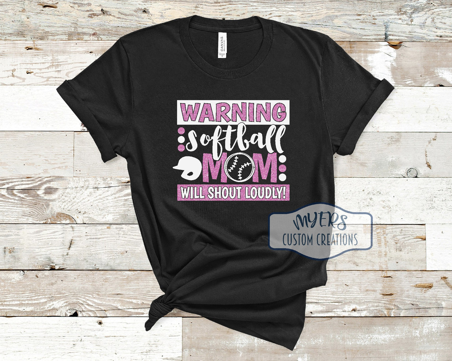Warning Softball Mom Will Shout Loudly black t-shirt with white and flamingo pink glitter HTV