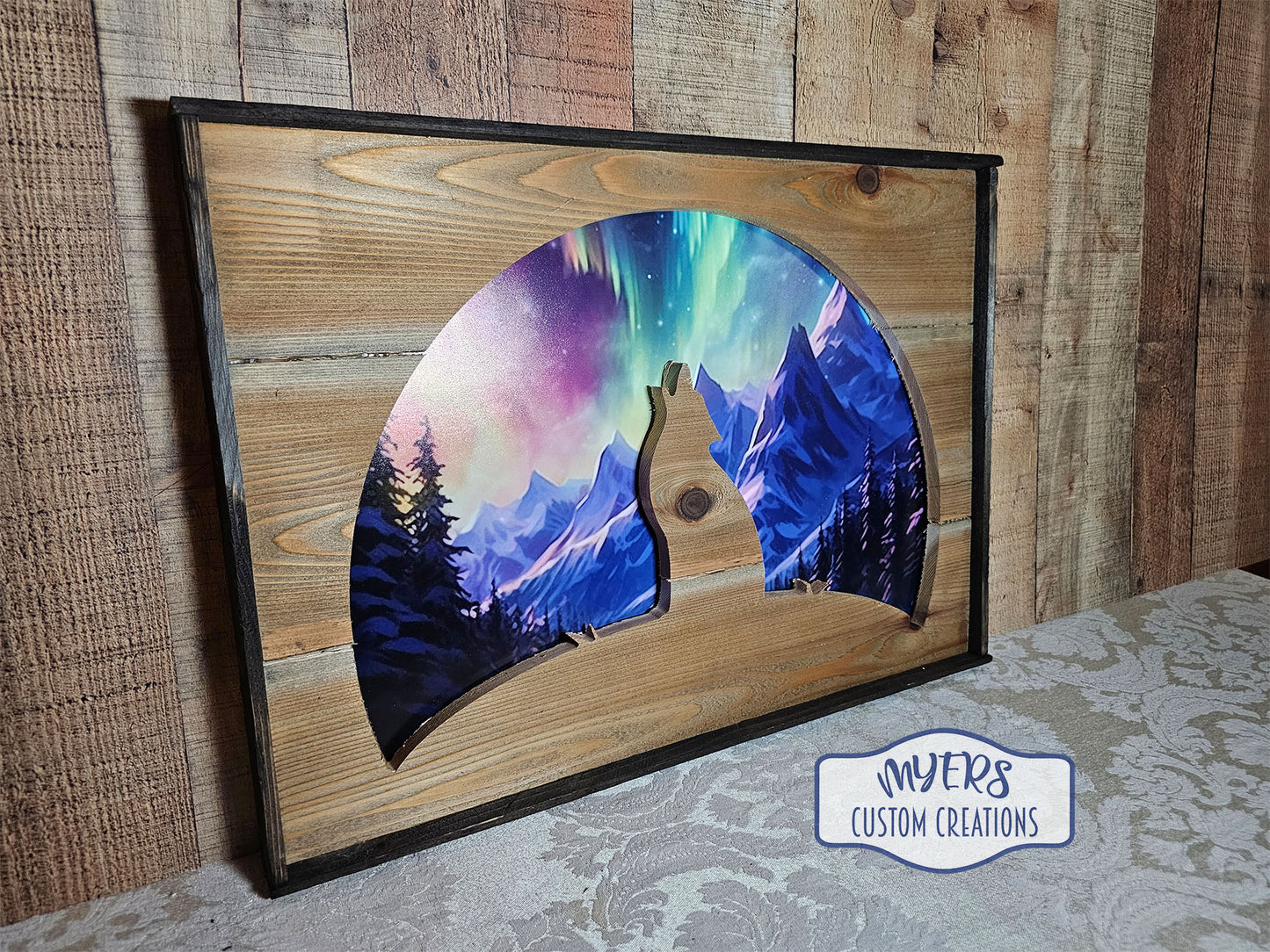 Wolf Moon Silhouette with Northern Lights Graphics
