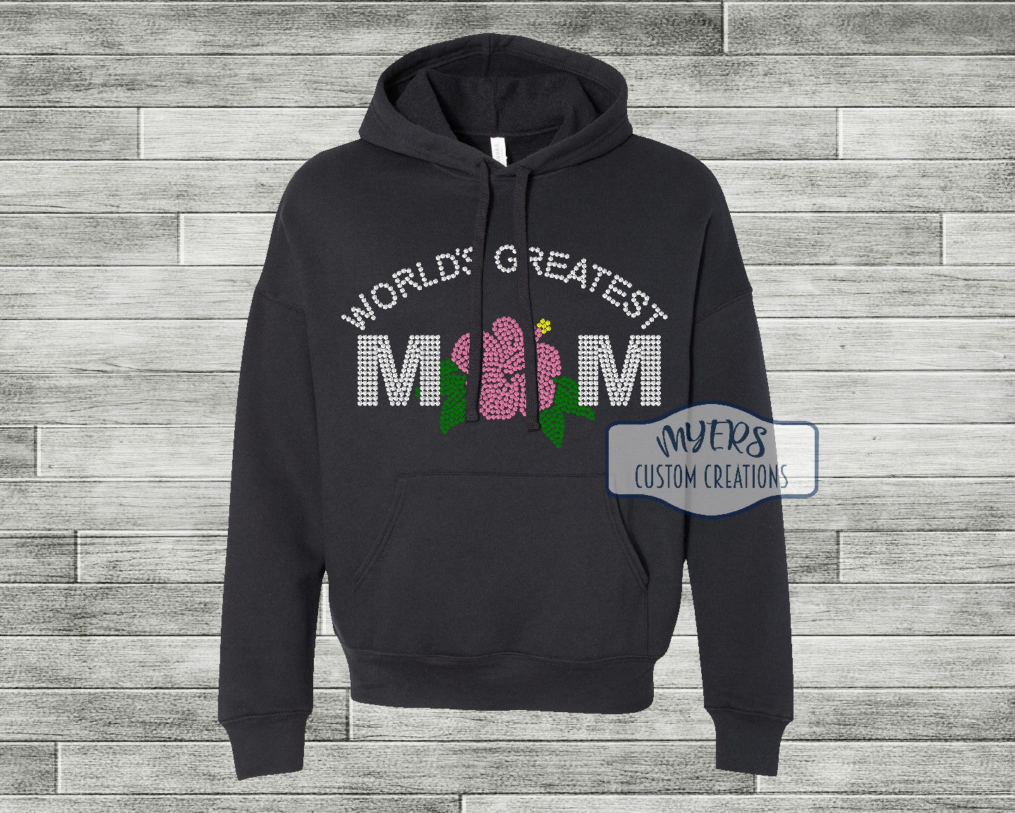 World's Greatest Mom Rhinestone black Bella+Canvas hoodie with crystal, pink, emerald, and citrine rhinestones