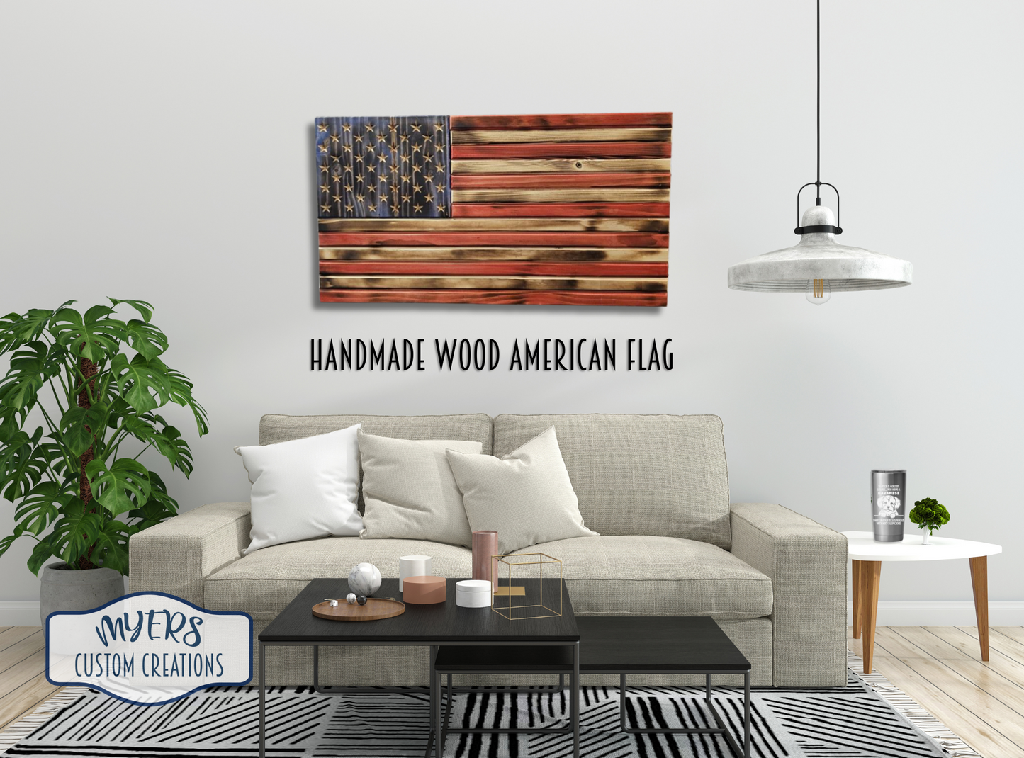 Handmade Wood American Flag with Engraved Stars