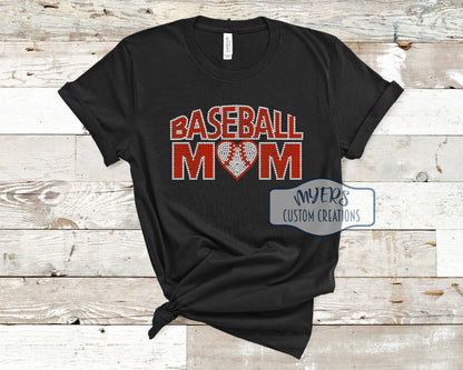 Baseball Mom Rhinestone black Bella Canvas t-shirt with crystal and red siam rhinestones