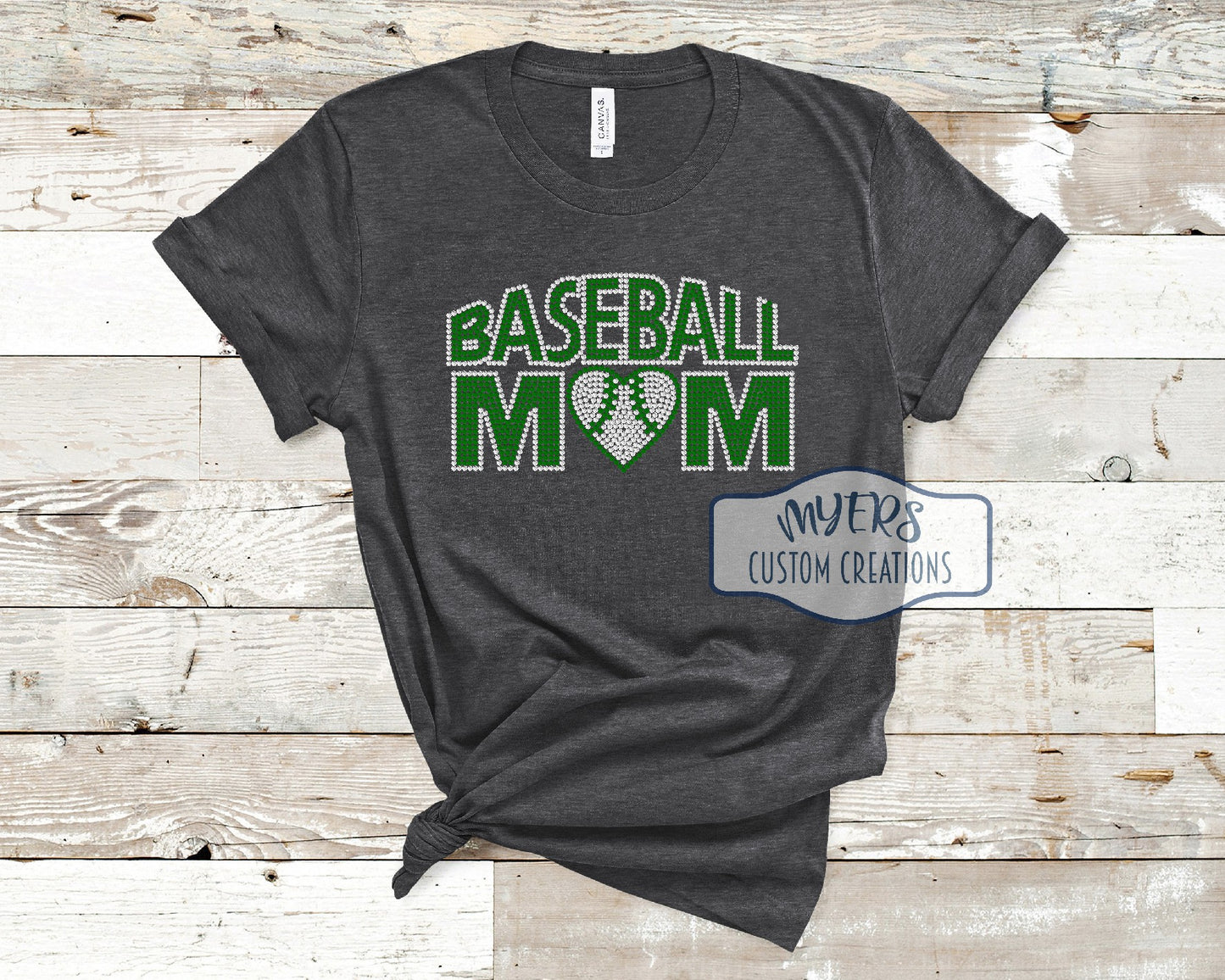 Baseball Mom Rhinestone heather dark grey Bella Canvas t-shirt with crystal and emerald rhinestones