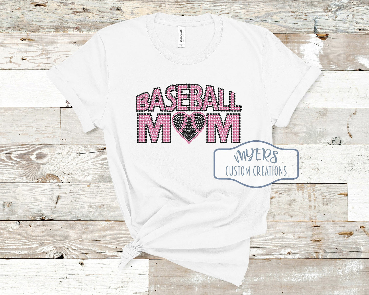 Baseball Mom Rhinestone white Bella Canvas t-shirt with black and pink rhinestones