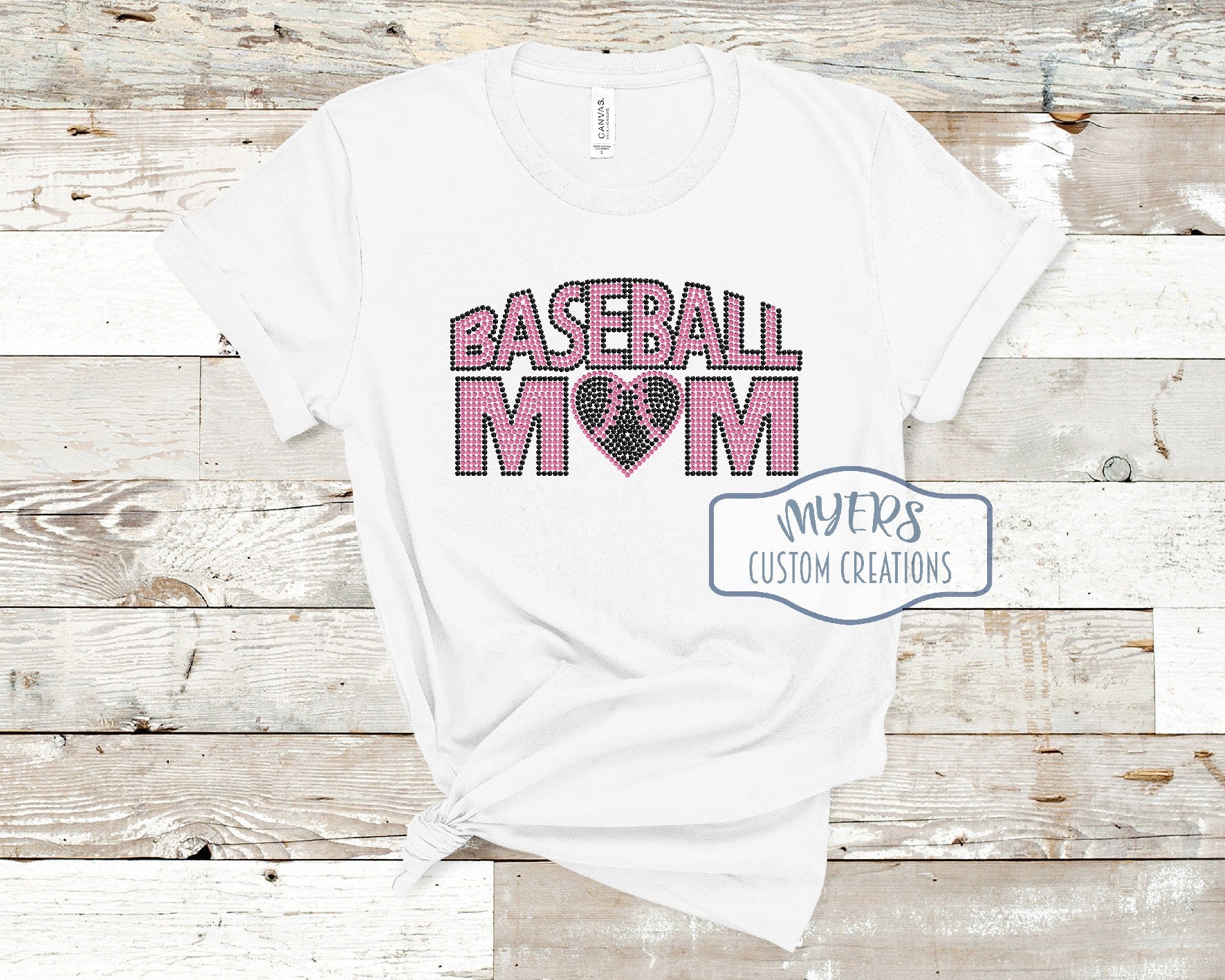 Baseball Mom Rhinestone white Bella Canvas t-shirt with black and pink rhinestones