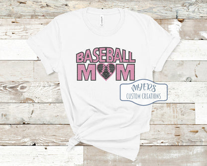 Baseball Mom Rhinestone white Bella Canvas t-shirt with black and pink rhinestones