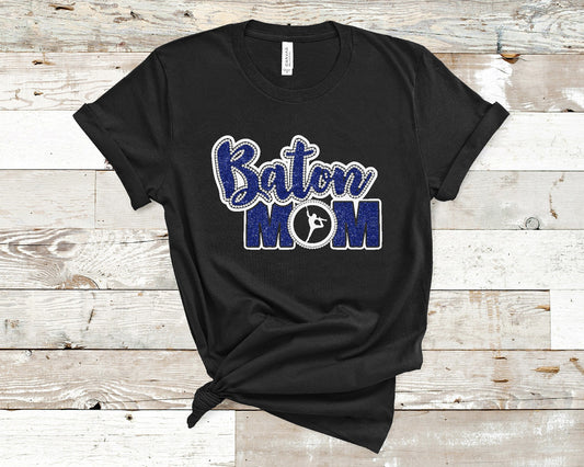 Baton Mom black Bella+Canvas t-shirt with white and royal blue glitter HTV and crystal rhinestones