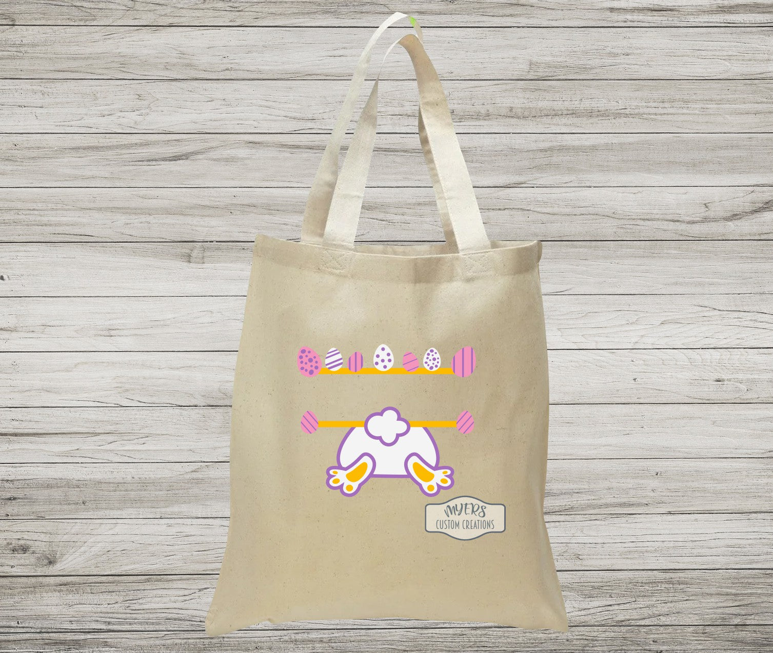 Easter Bunny Butt on a natural canvas Tote Bag with white, pink, and purple