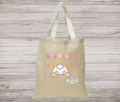 Easter Bunny Butt on a natural canvas Tote Bag with white, pink, and purple