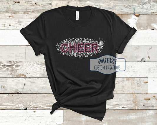 Cheer Rhinestone Scatter black Bella Canvas t-shirt with crystal and pink rhinestones