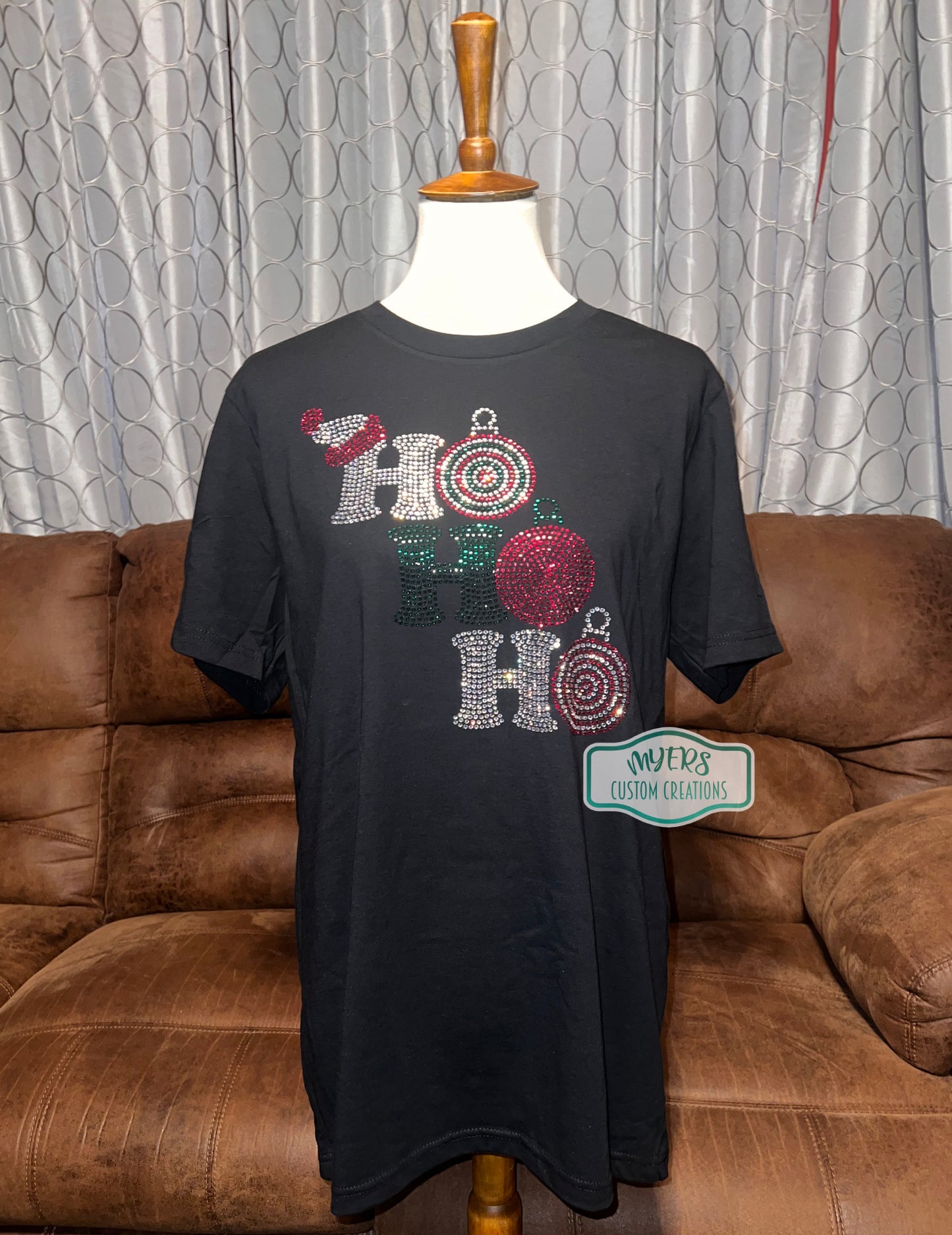 Christmas Ho Ho Ho Rhinestone black t-shirt with crystal, red siam, and emerald rhinestones