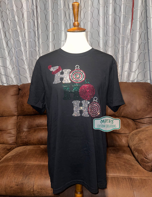 Christmas Ho Ho Ho Rhinestone black t-shirt with crystal, red siam, and emerald rhinestones